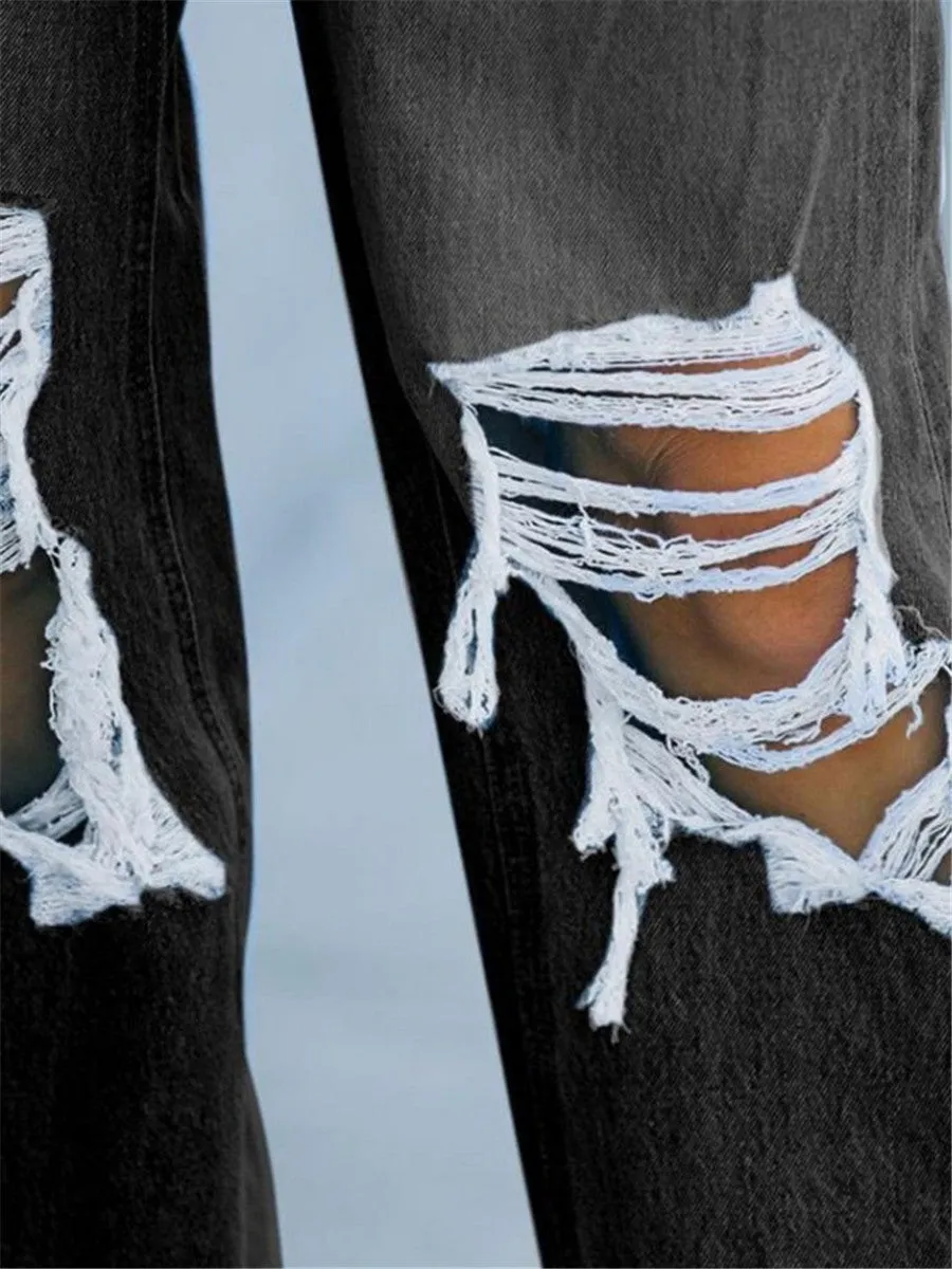 LONGBIDA Denim Ripped Jeans Women Classic Blue High Waist Straight Leg