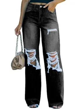 LONGBIDA Denim Ripped Jeans Women Classic Blue High Waist Straight Leg