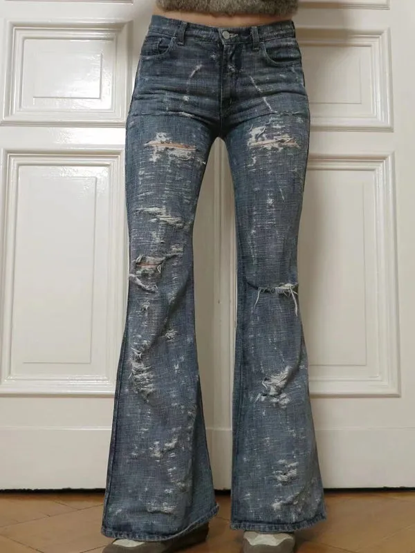 Low Waist Broken Holes Flared Jeans