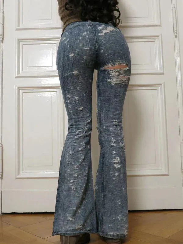 Low Waist Broken Holes Flared Jeans
