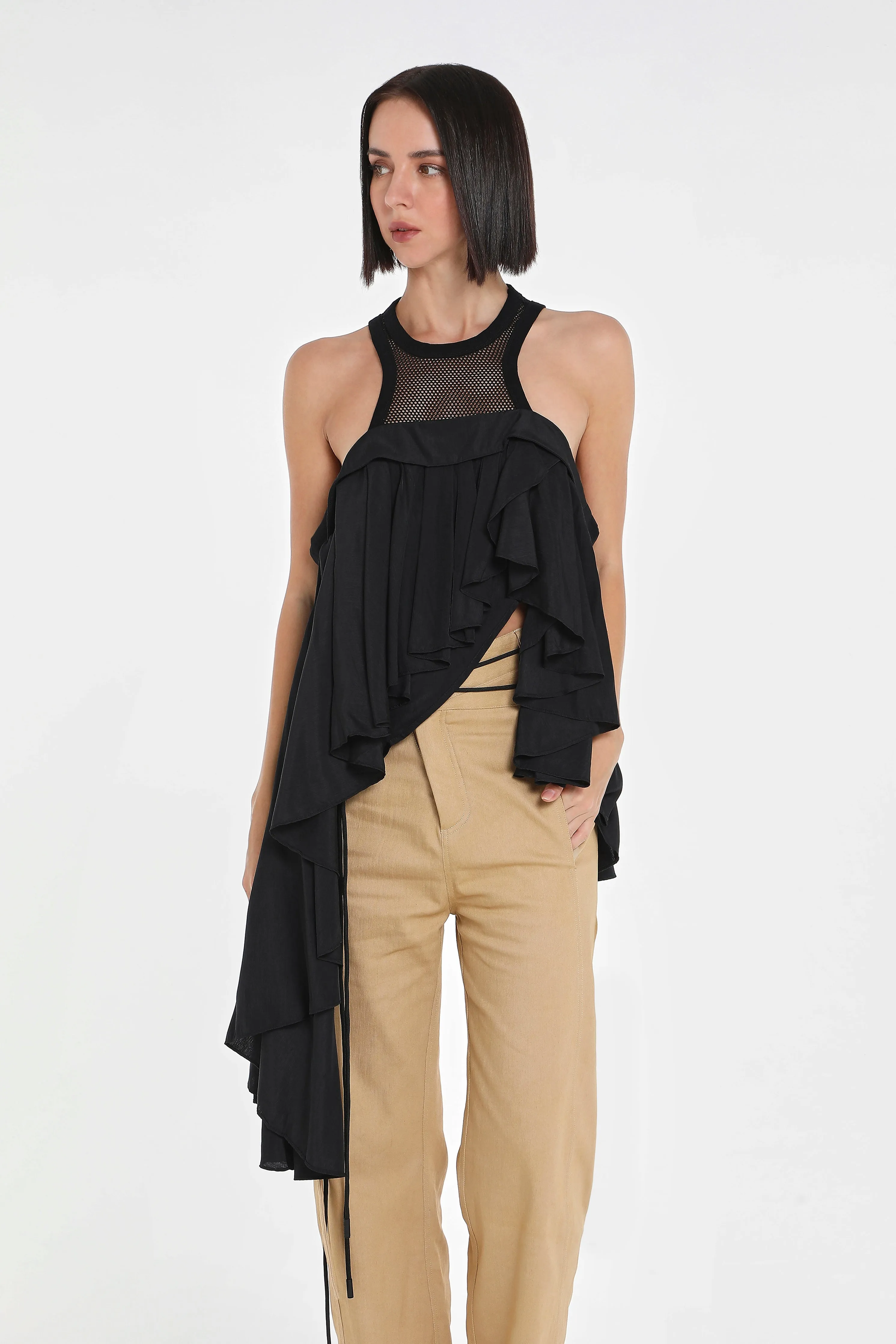 MESH RACER NECK ASYMMETRIC TOP