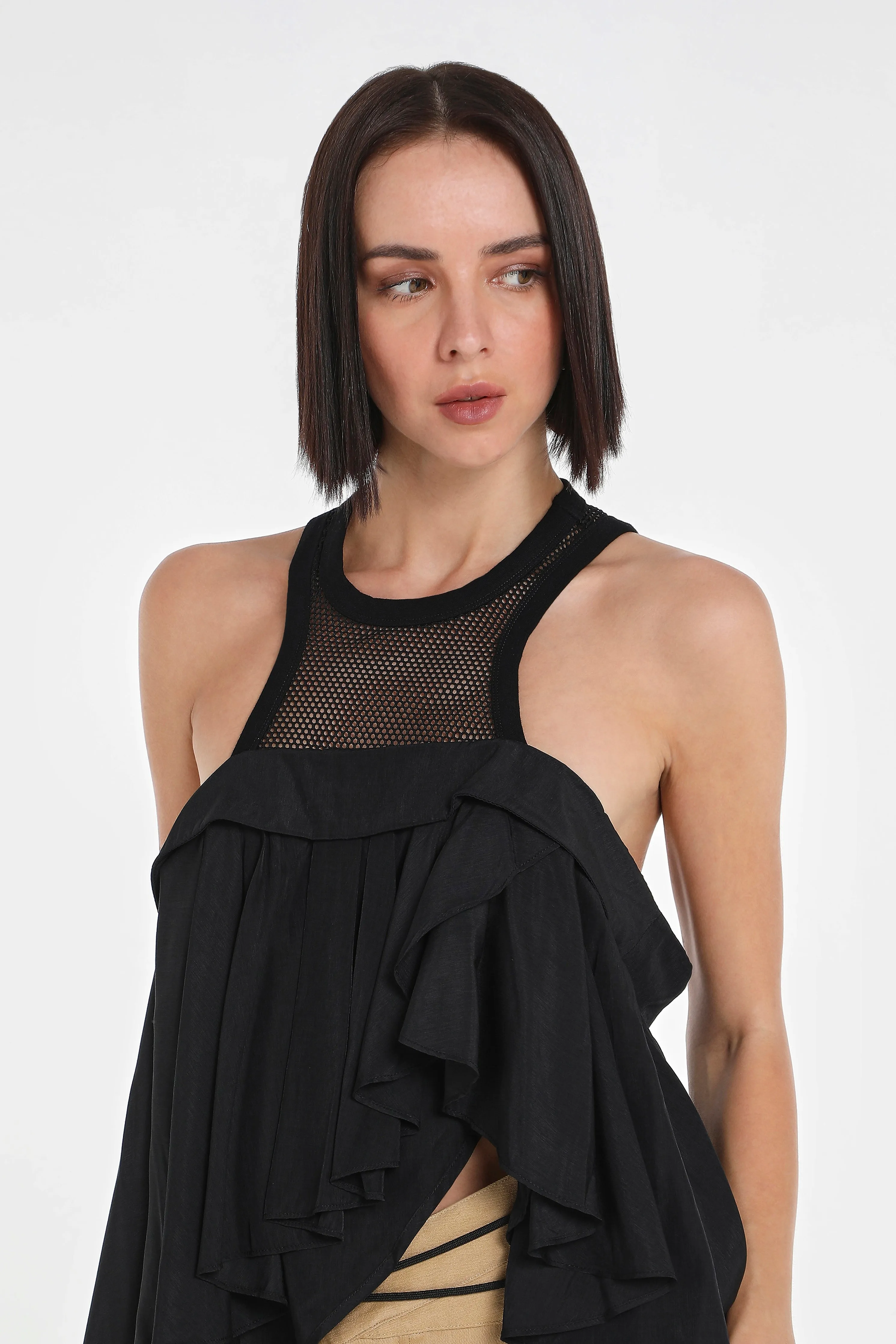 MESH RACER NECK ASYMMETRIC TOP