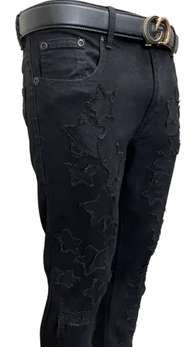 M.Society Black Men's Jeans with Stars Fashion Design Skinny-Fit Stretch Fabric