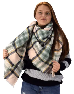 Multicolor Tartan Plaid Oversized Blanket Scarf Shawl Wrap Poncho Pink Green