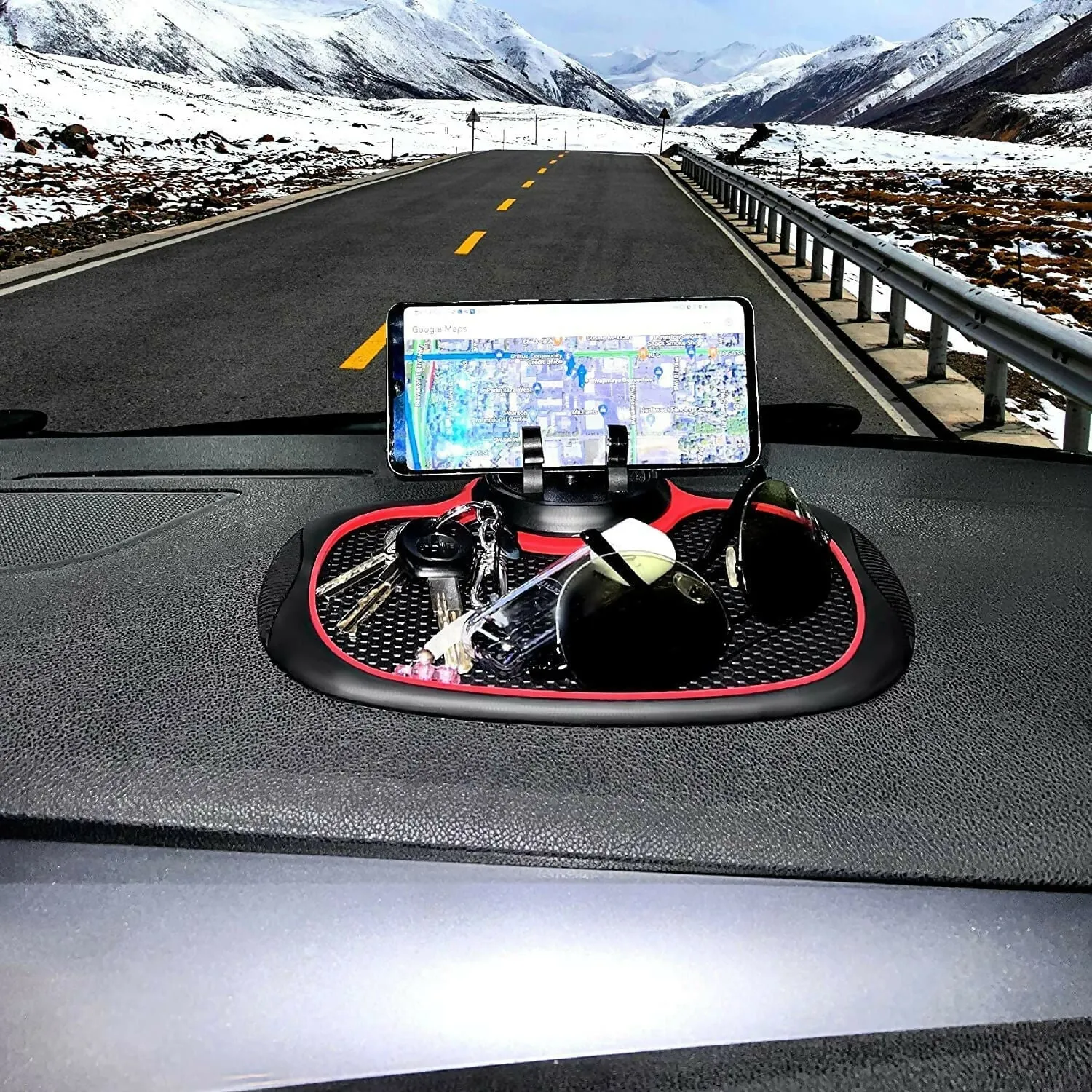 Multifunction Anti-Slip Car Dashboard Mat with 360° Rotating Phone Holder & Non-Slip Sticky Pad