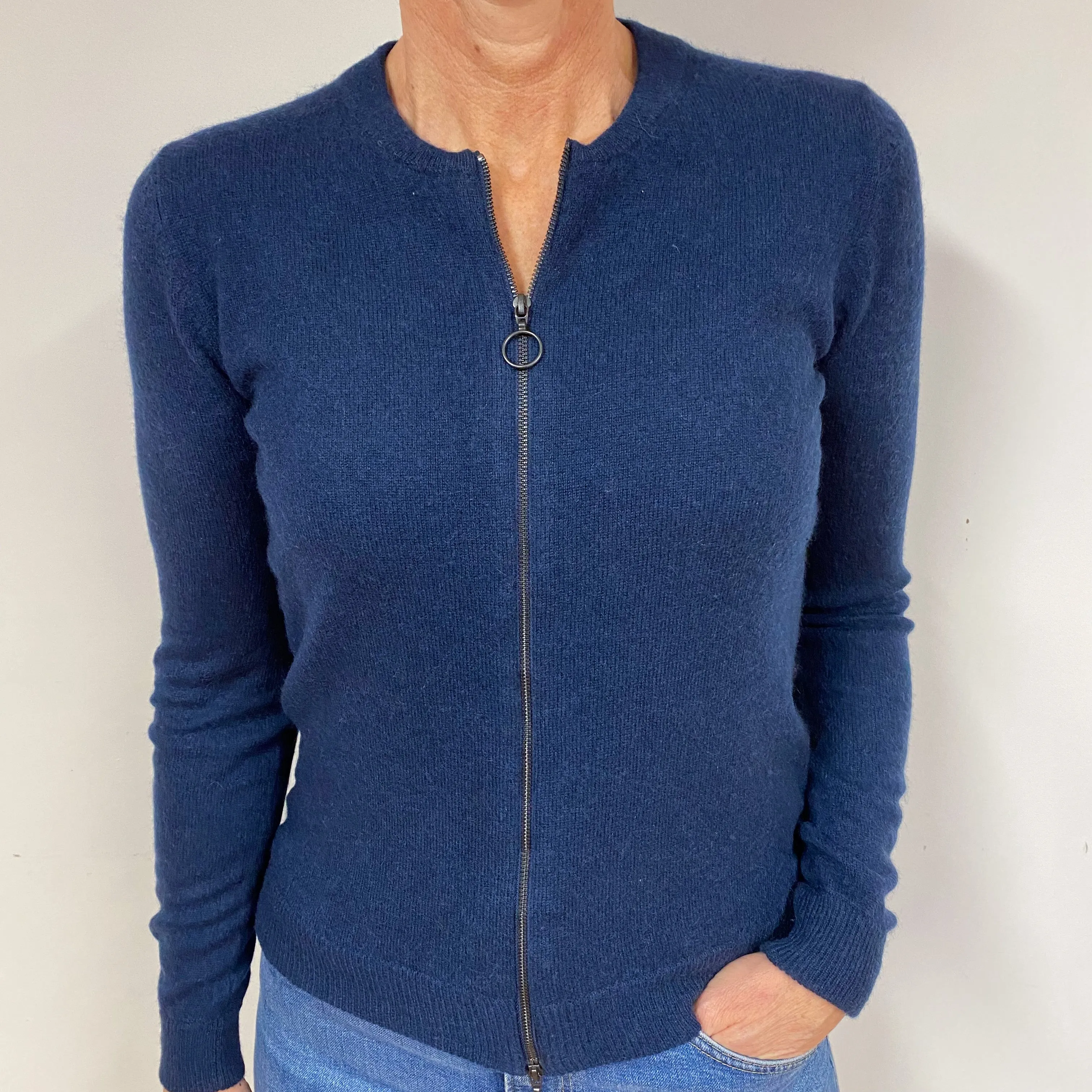 Navy Blue Zip Cashmere Crew Neck Cardigan Medium