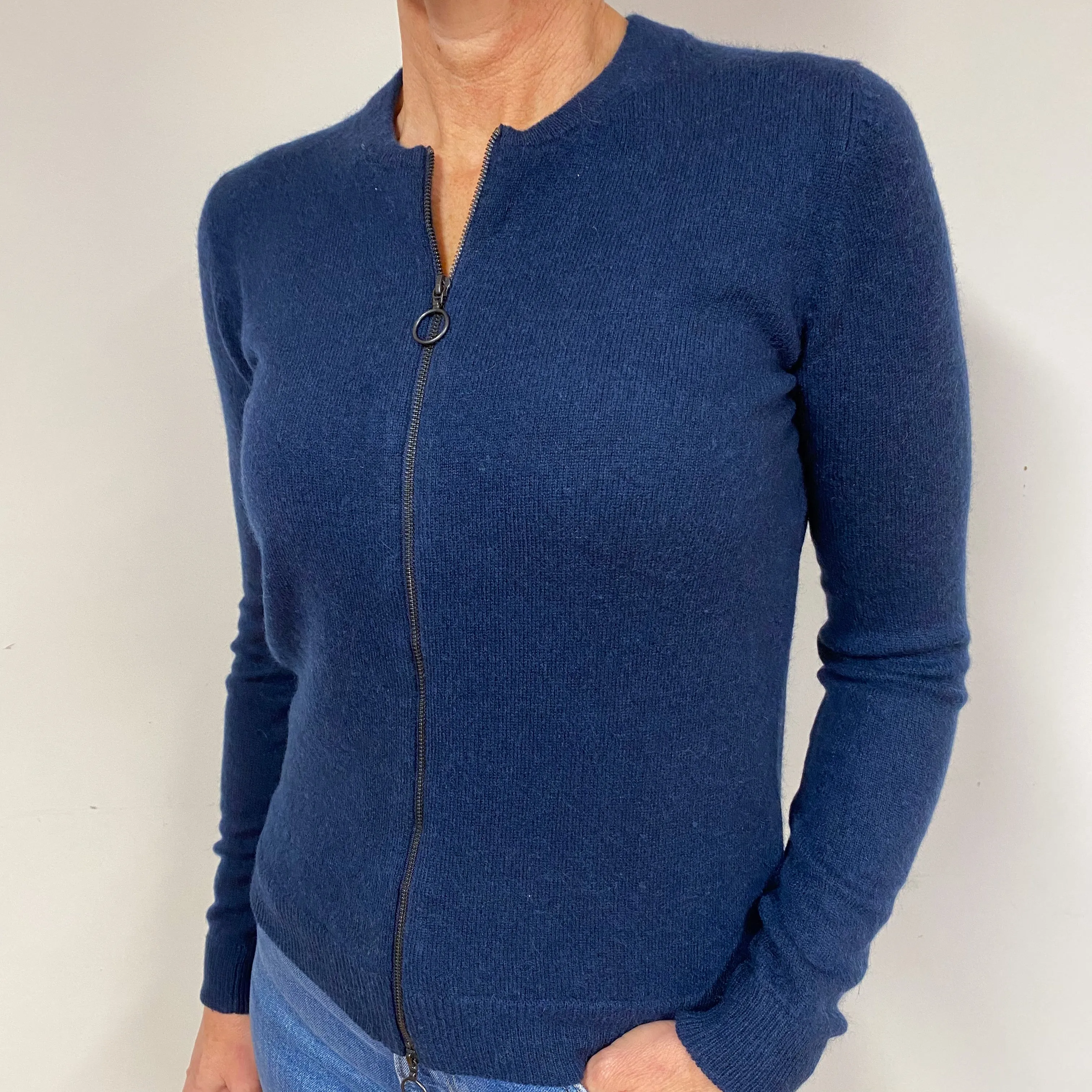 Navy Blue Zip Cashmere Crew Neck Cardigan Medium