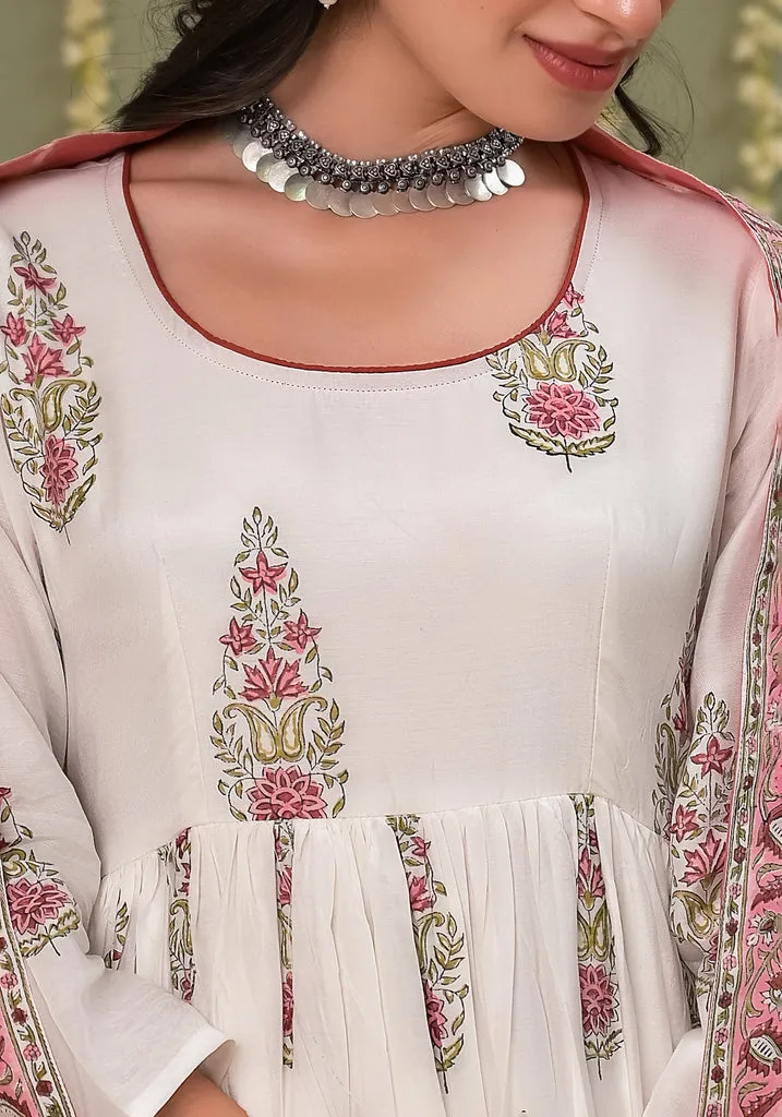 Pegaam block print muslin anarkali and duppata -2pcs