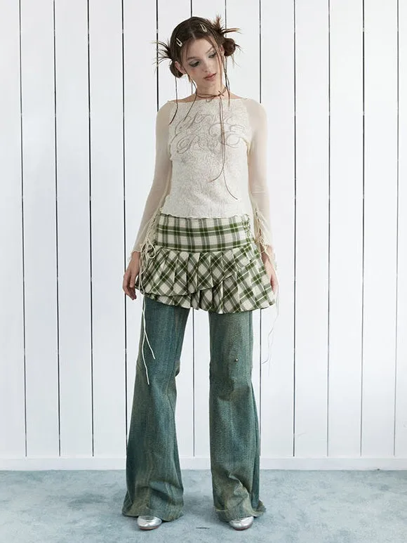 Plaid Asymmetric Pleated Skirt
