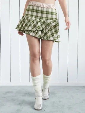 Plaid Asymmetric Pleated Skirt