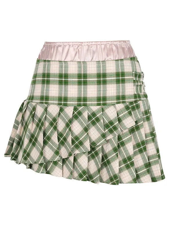 Plaid Asymmetric Pleated Skirt