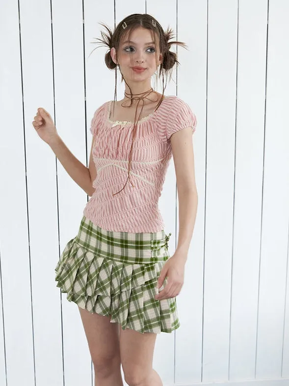 Plaid Asymmetric Pleated Skirt