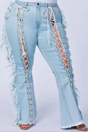 Plus Size High Rise Lace Up Tassel Flare Jeans