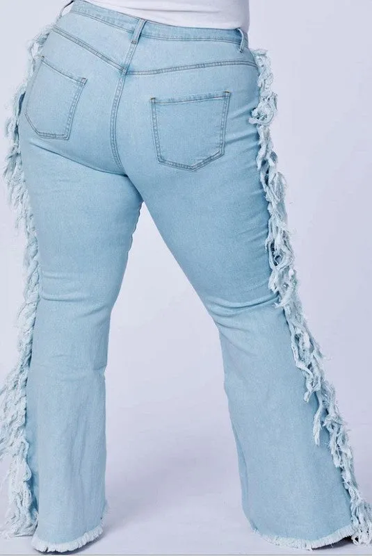 Plus Size High Rise Lace Up Tassel Flare Jeans