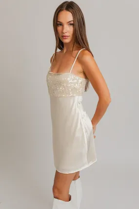 "White Christmas" Sequin & Satin Spaghetti Strap Mini Dress
