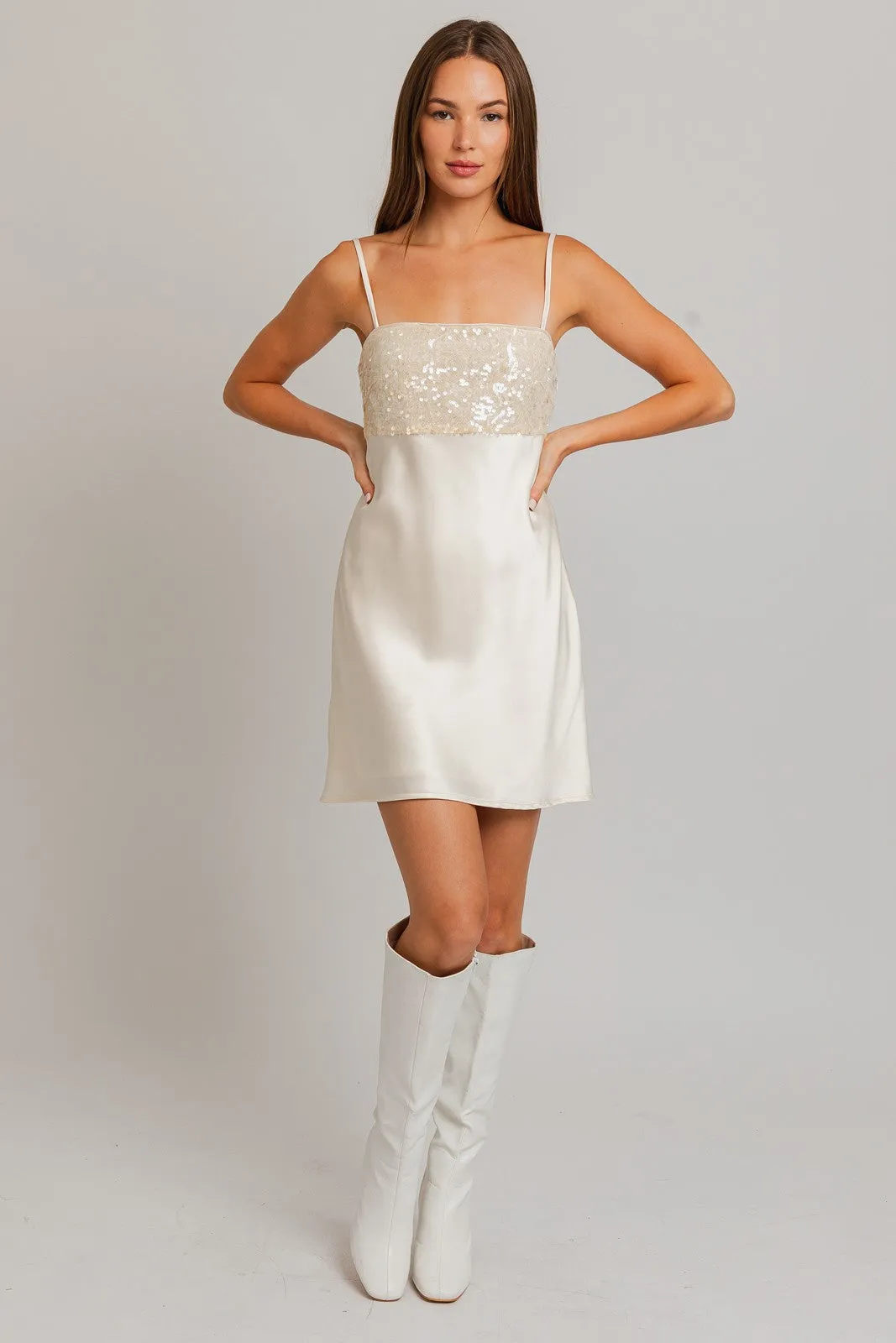 "White Christmas" Sequin & Satin Spaghetti Strap Mini Dress