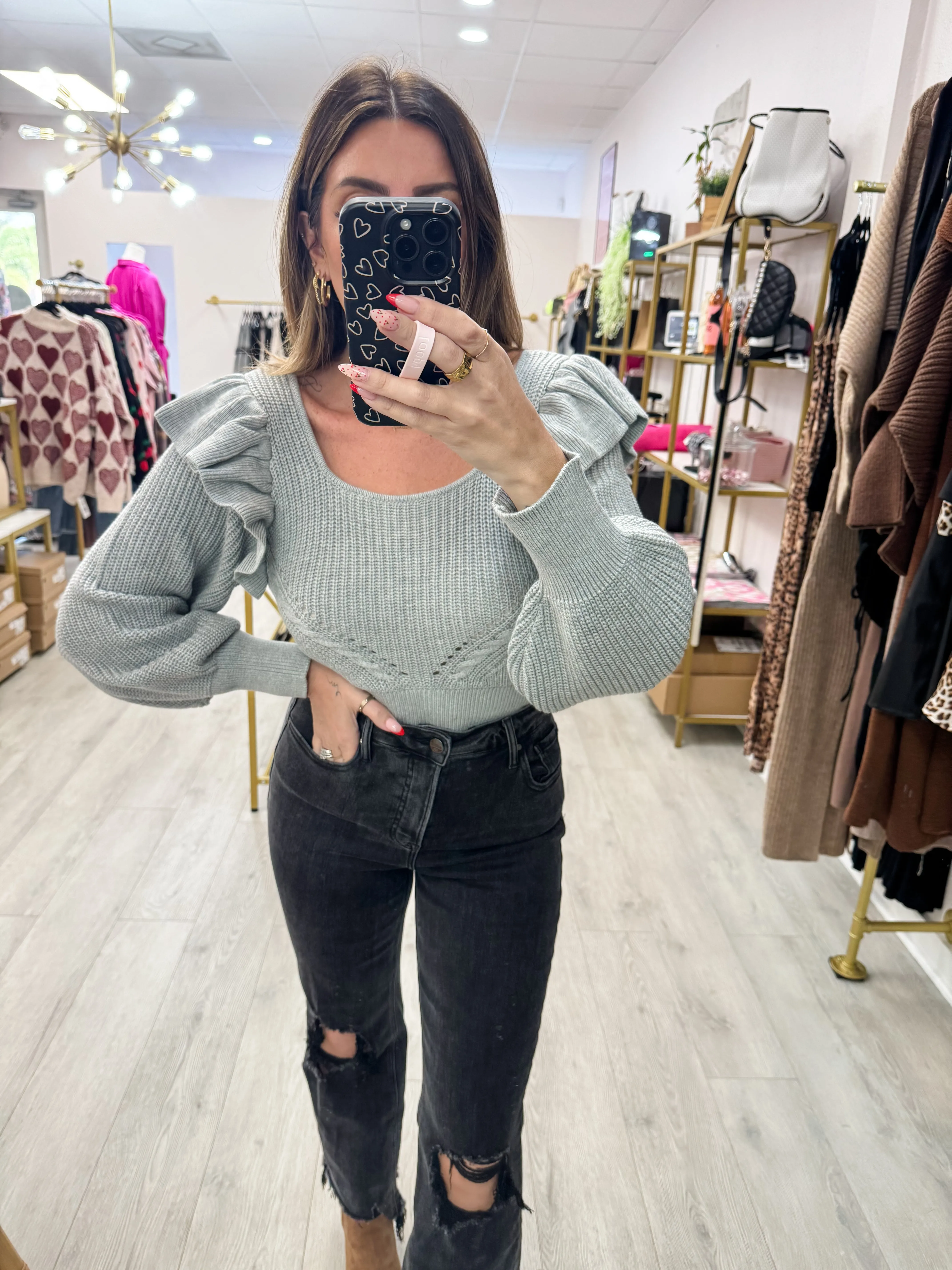 Ruffle Shoulder Knit Tie Back Sweater