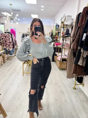 Ruffle Shoulder Knit Tie Back Sweater