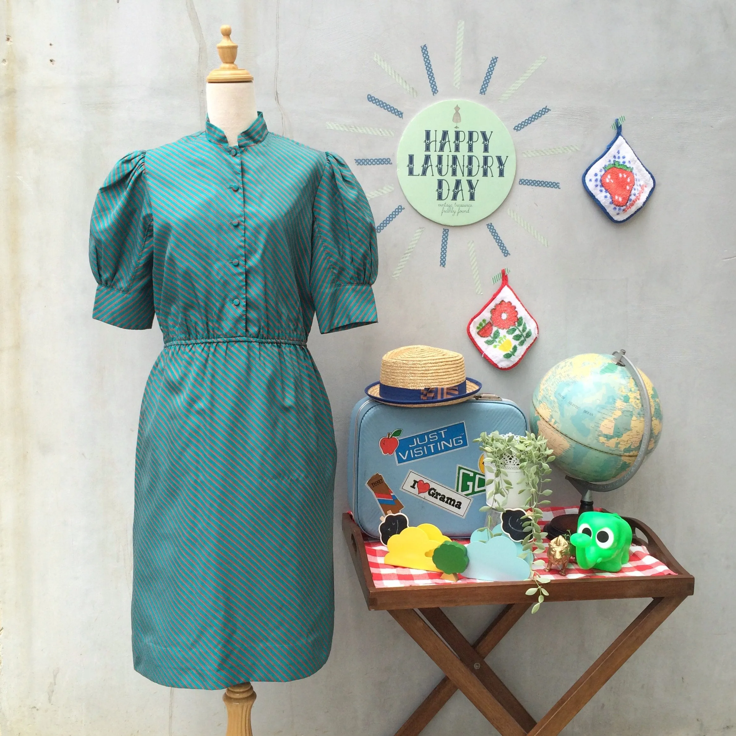 SALE! | Peals of Teal | Vintage diagonal Teal and Red stripes Mandarin Collar Work Day Dress