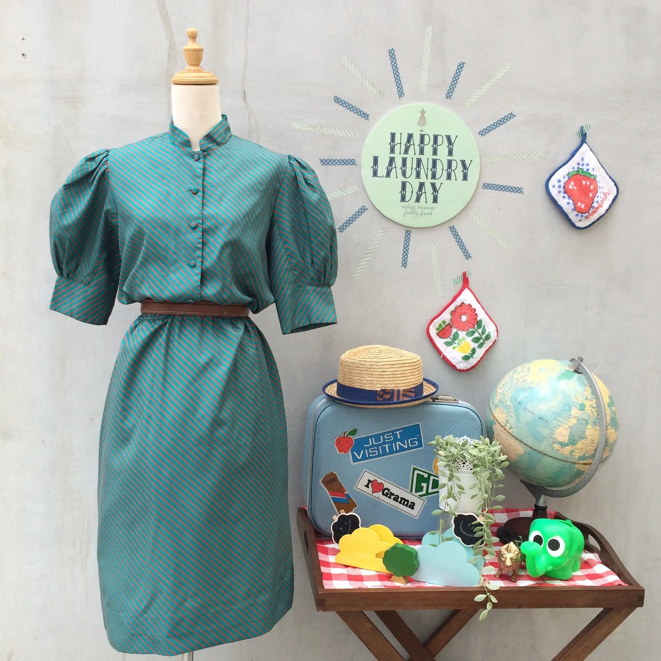 SALE! | Peals of Teal | Vintage diagonal Teal and Red stripes Mandarin Collar Work Day Dress