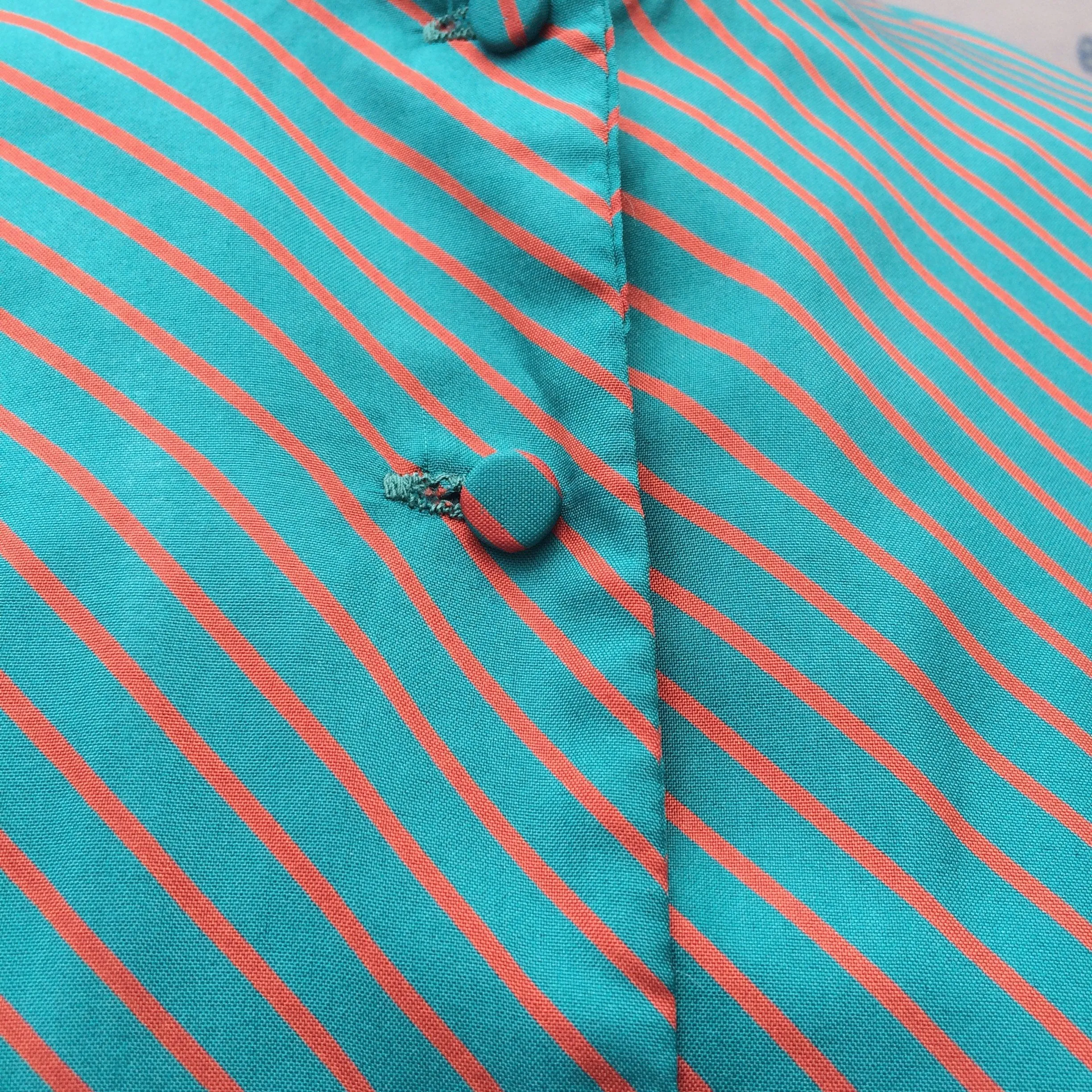 SALE! | Peals of Teal | Vintage diagonal Teal and Red stripes Mandarin Collar Work Day Dress