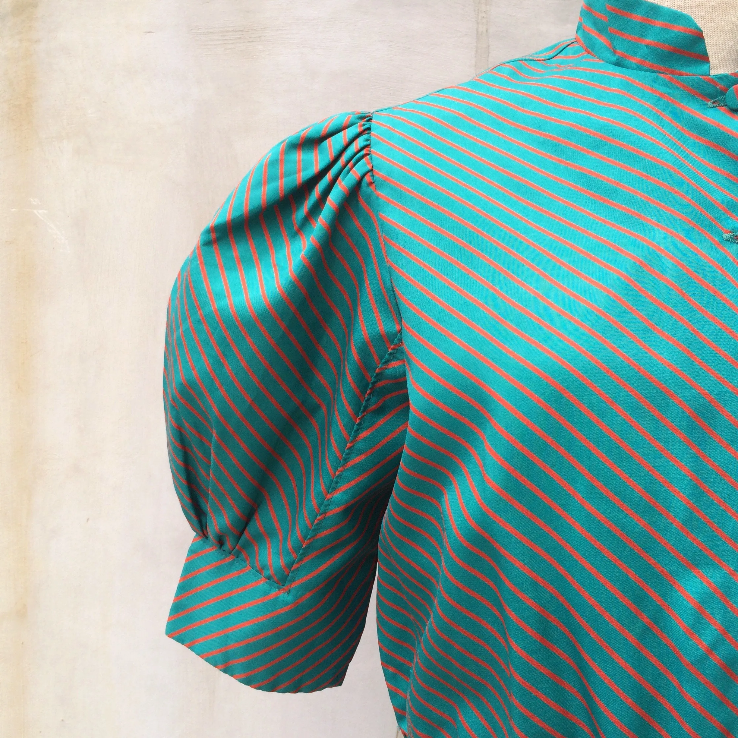 SALE! | Peals of Teal | Vintage diagonal Teal and Red stripes Mandarin Collar Work Day Dress
