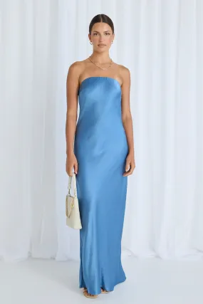 Shade Blue Satin Strapless Bias Dress