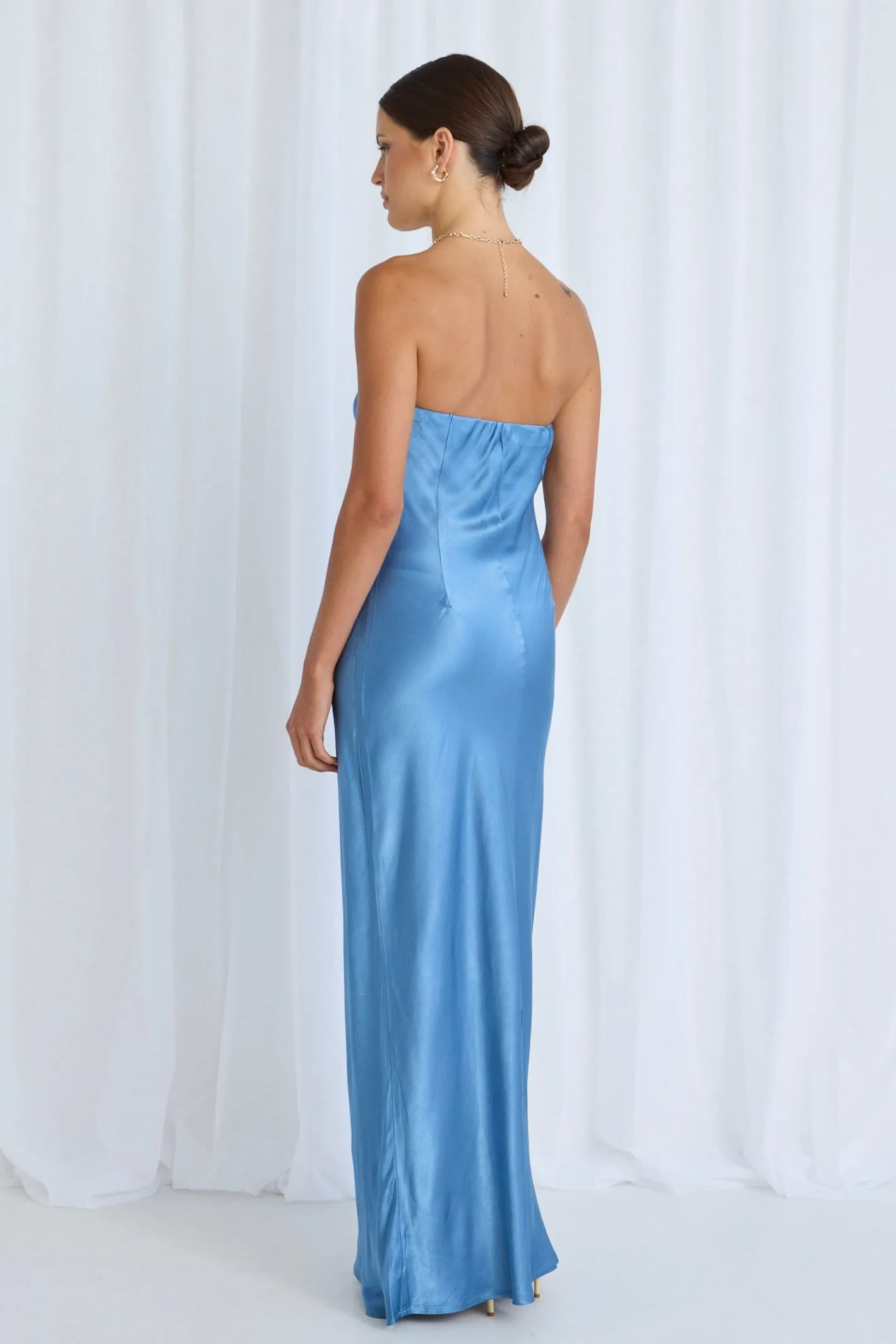 Shade Blue Satin Strapless Bias Dress