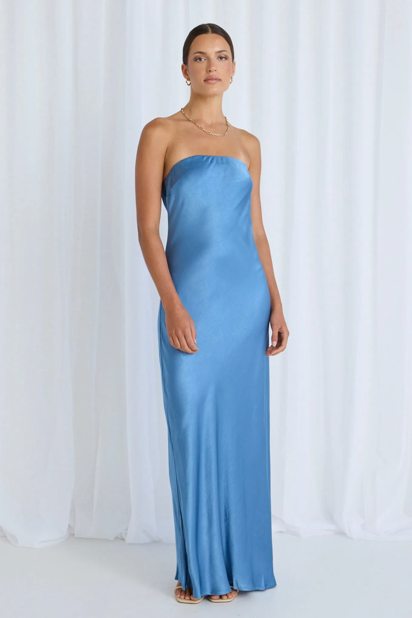 Shade Blue Satin Strapless Bias Dress