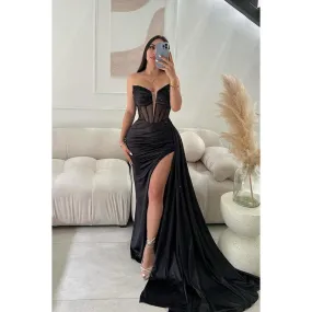 Sheath V-neck Sleeveless Ruched Side Slit Party Prom Dress