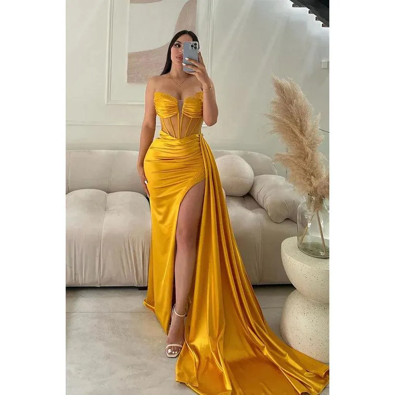 Sheath V-neck Sleeveless Ruched Side Slit Party Prom Dress