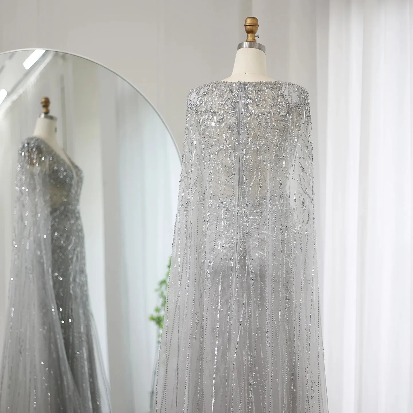 Silver-Gray Mermaid Evening Gown with Cape