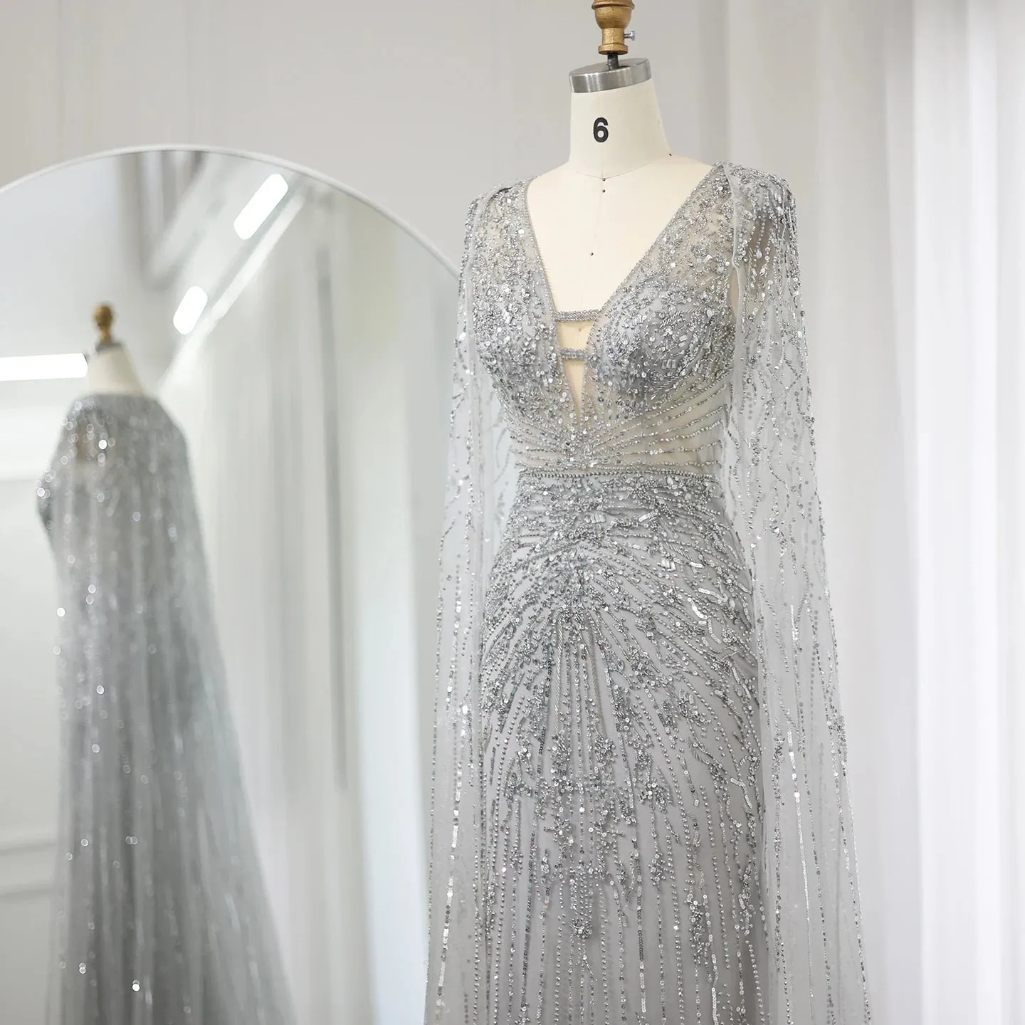 Silver-Gray Mermaid Evening Gown with Cape