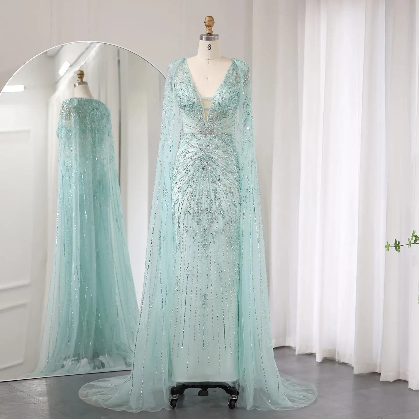 Silver-Gray Mermaid Evening Gown with Cape