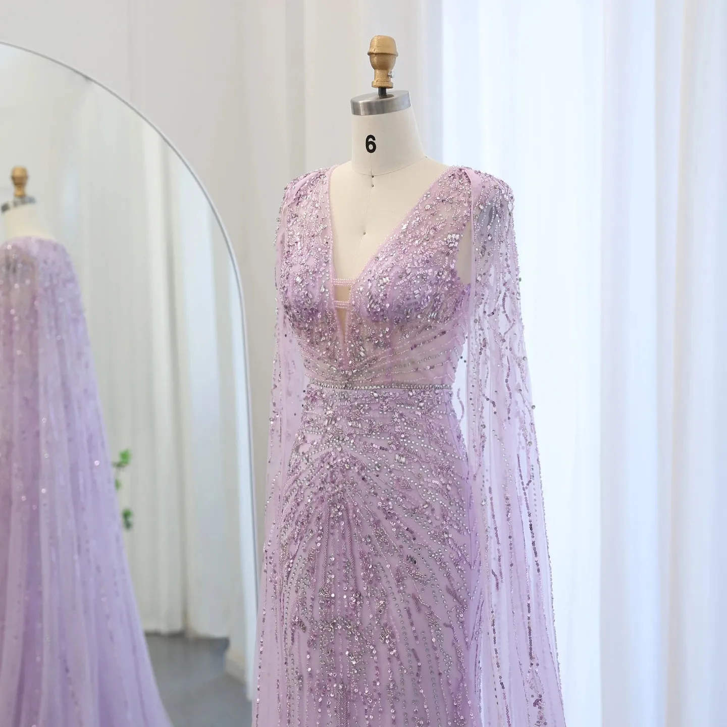 Silver-Gray Mermaid Evening Gown with Cape