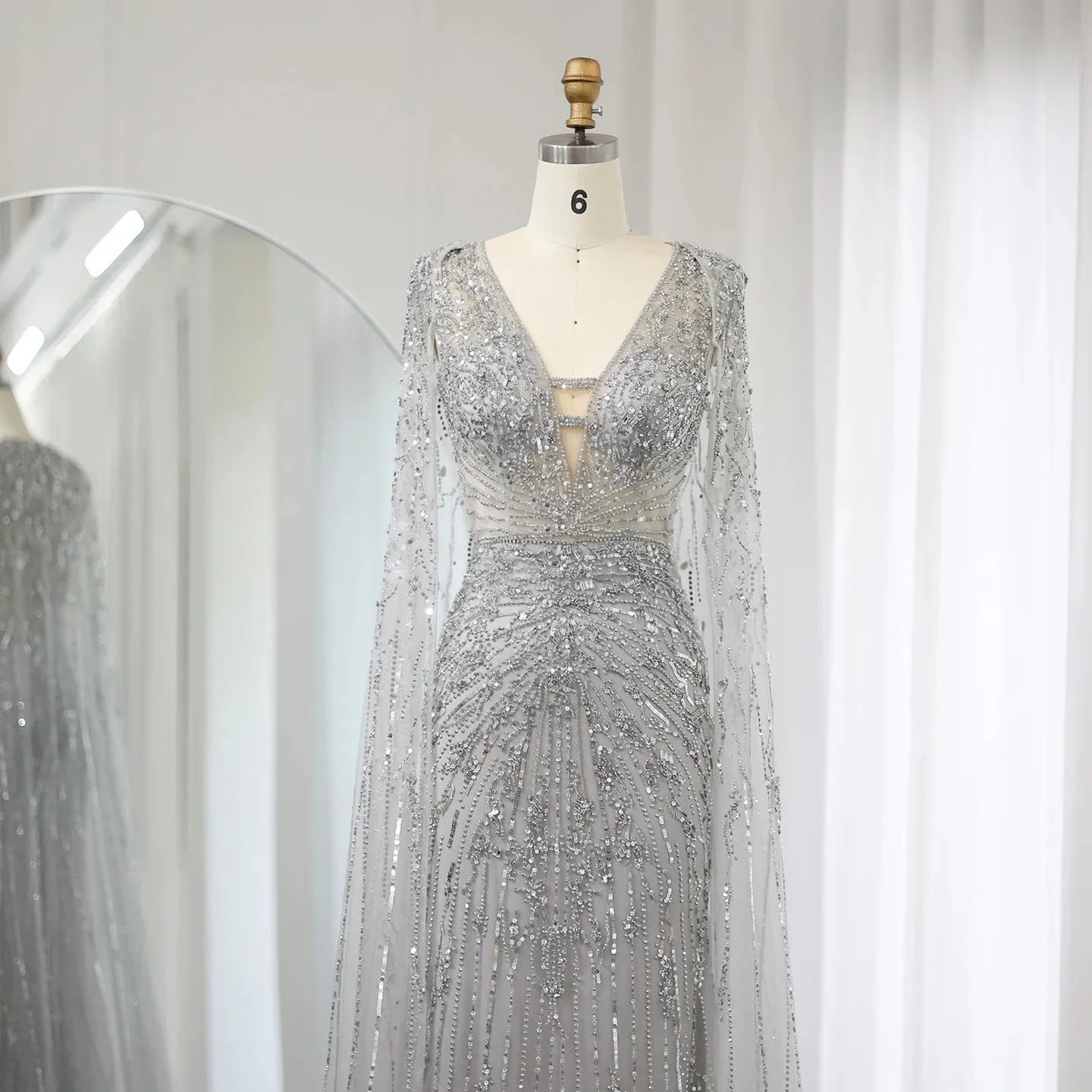 Silver-Gray Mermaid Evening Gown with Cape