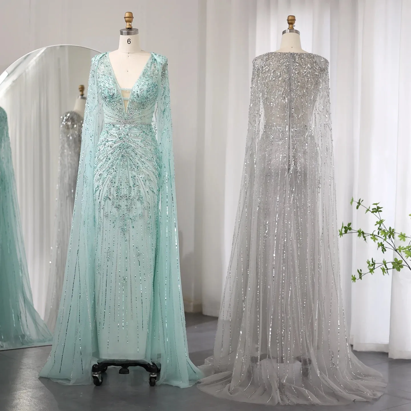 Silver-Gray Mermaid Evening Gown with Cape