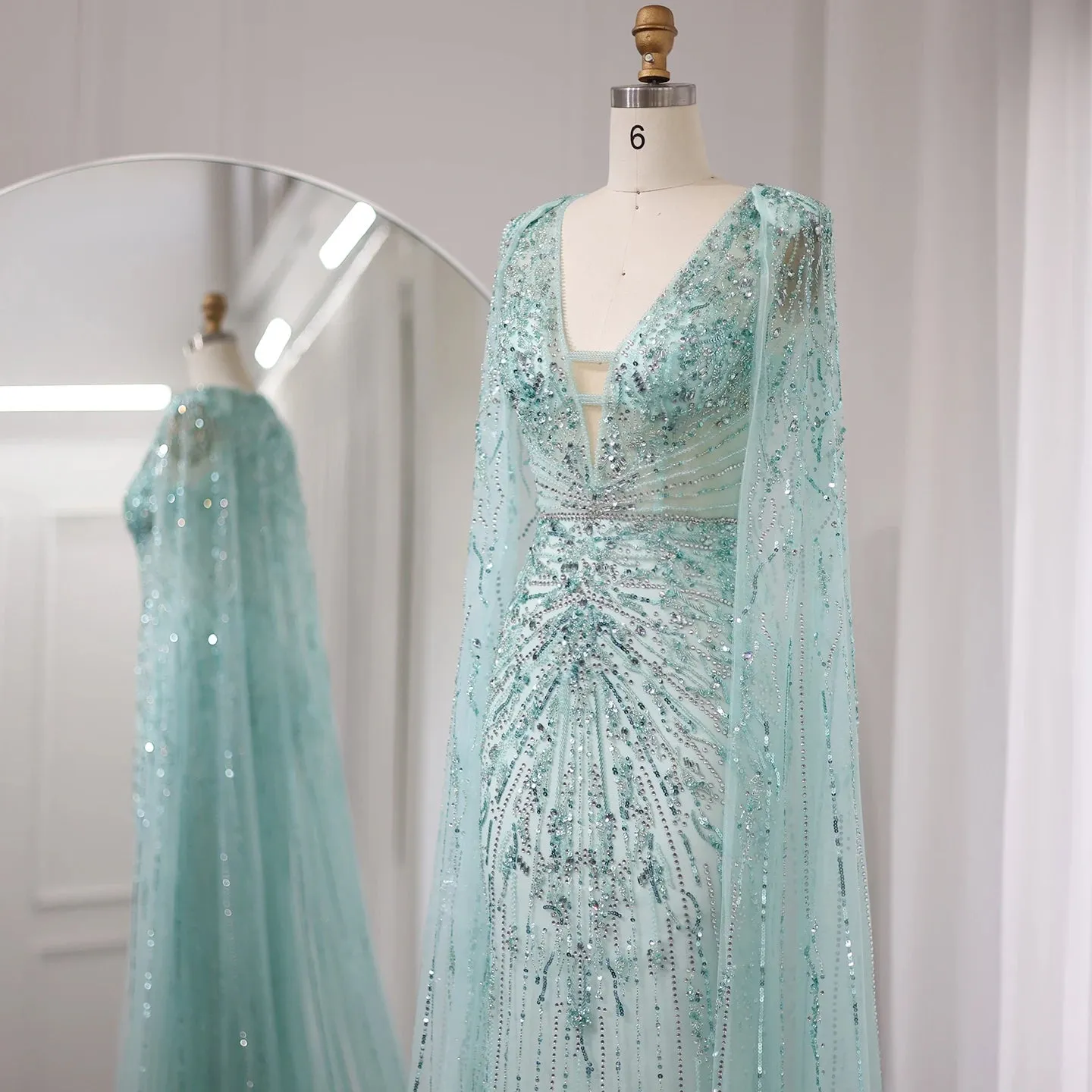 Silver-Gray Mermaid Evening Gown with Cape