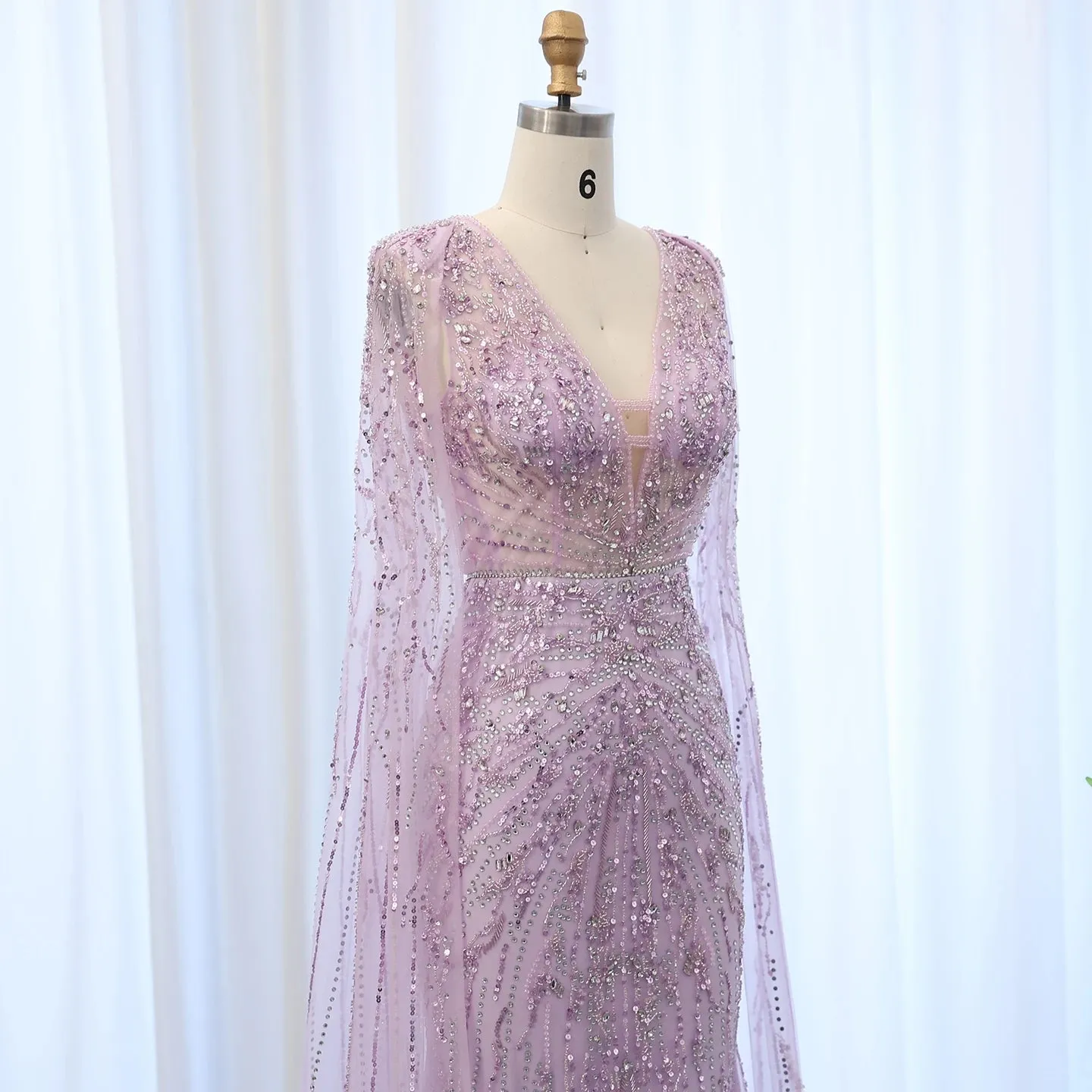 Silver-Gray Mermaid Evening Gown with Cape