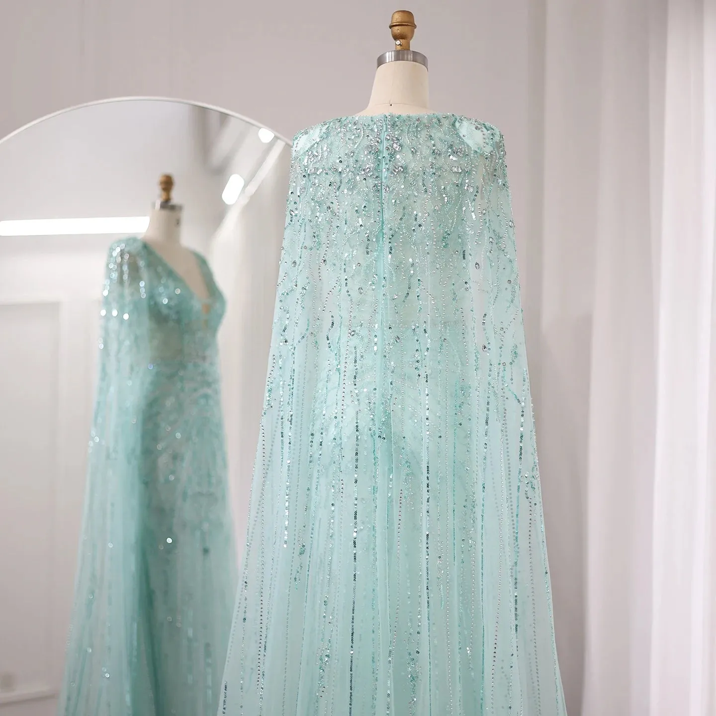 Silver-Gray Mermaid Evening Gown with Cape