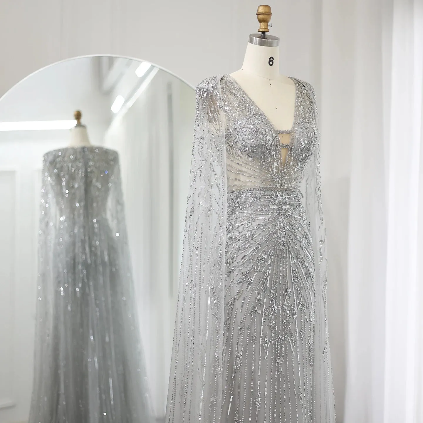 Silver-Gray Mermaid Evening Gown with Cape