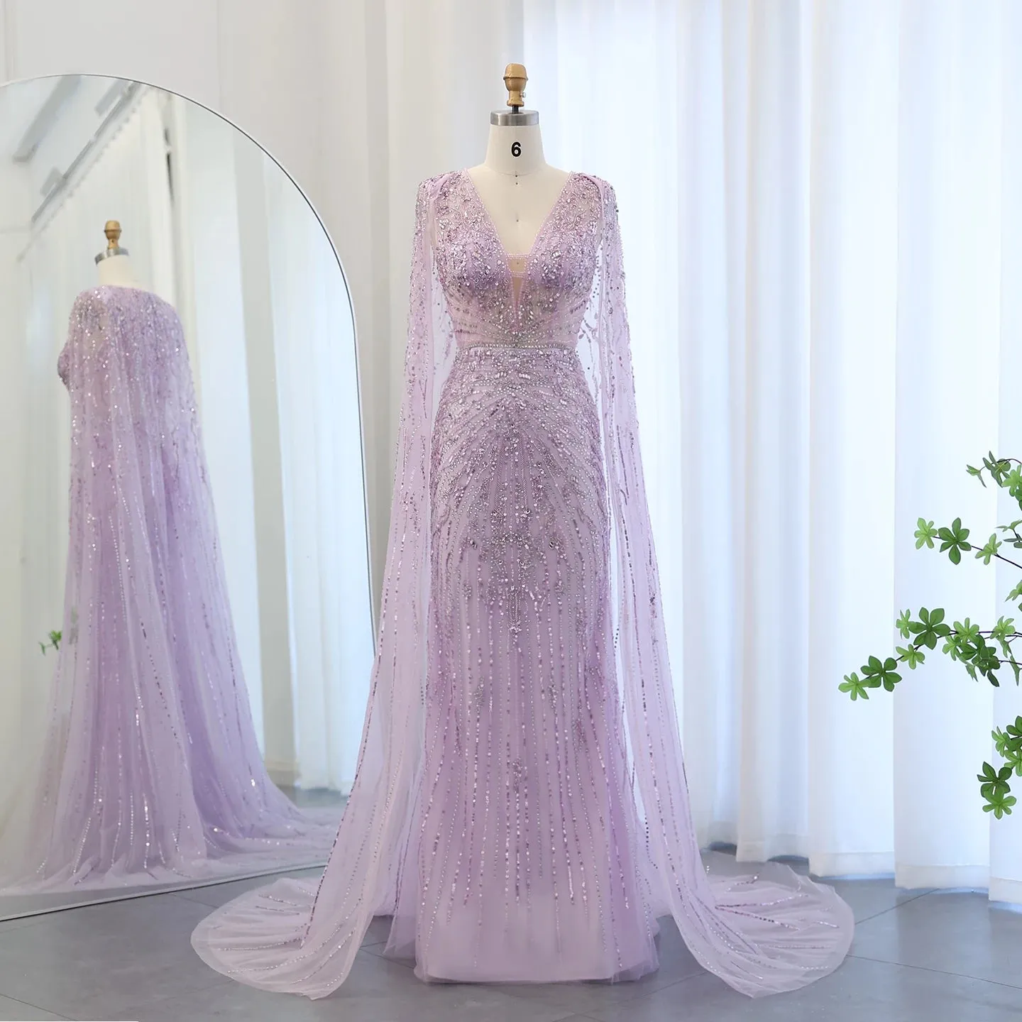 Silver-Gray Mermaid Evening Gown with Cape