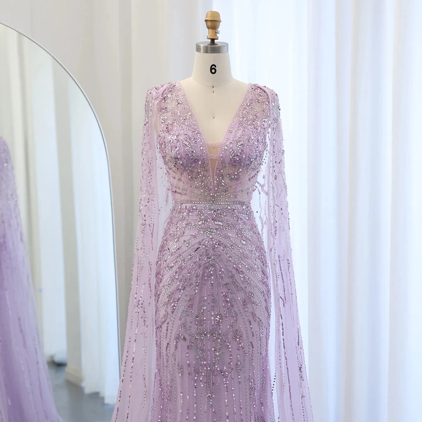 Silver-Gray Mermaid Evening Gown with Cape