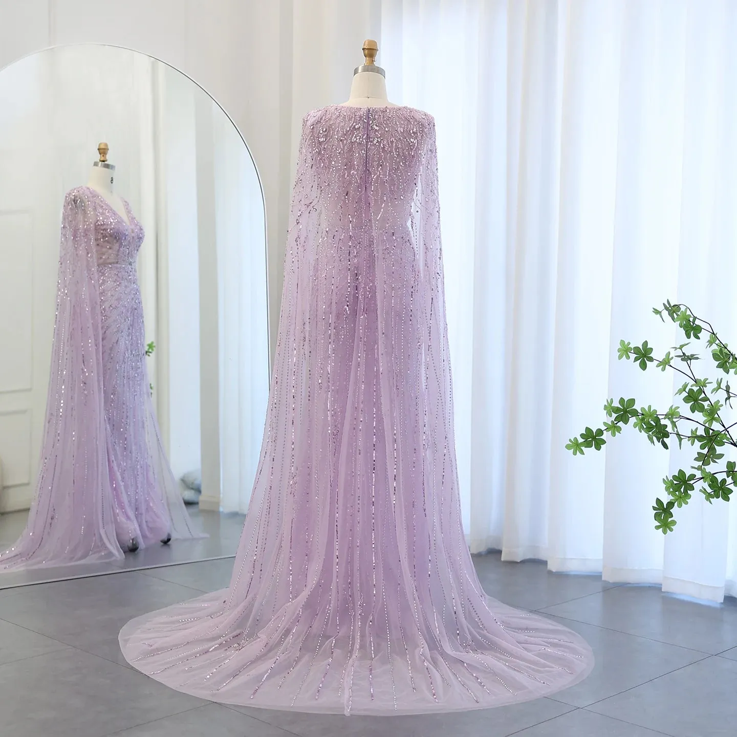 Silver-Gray Mermaid Evening Gown with Cape