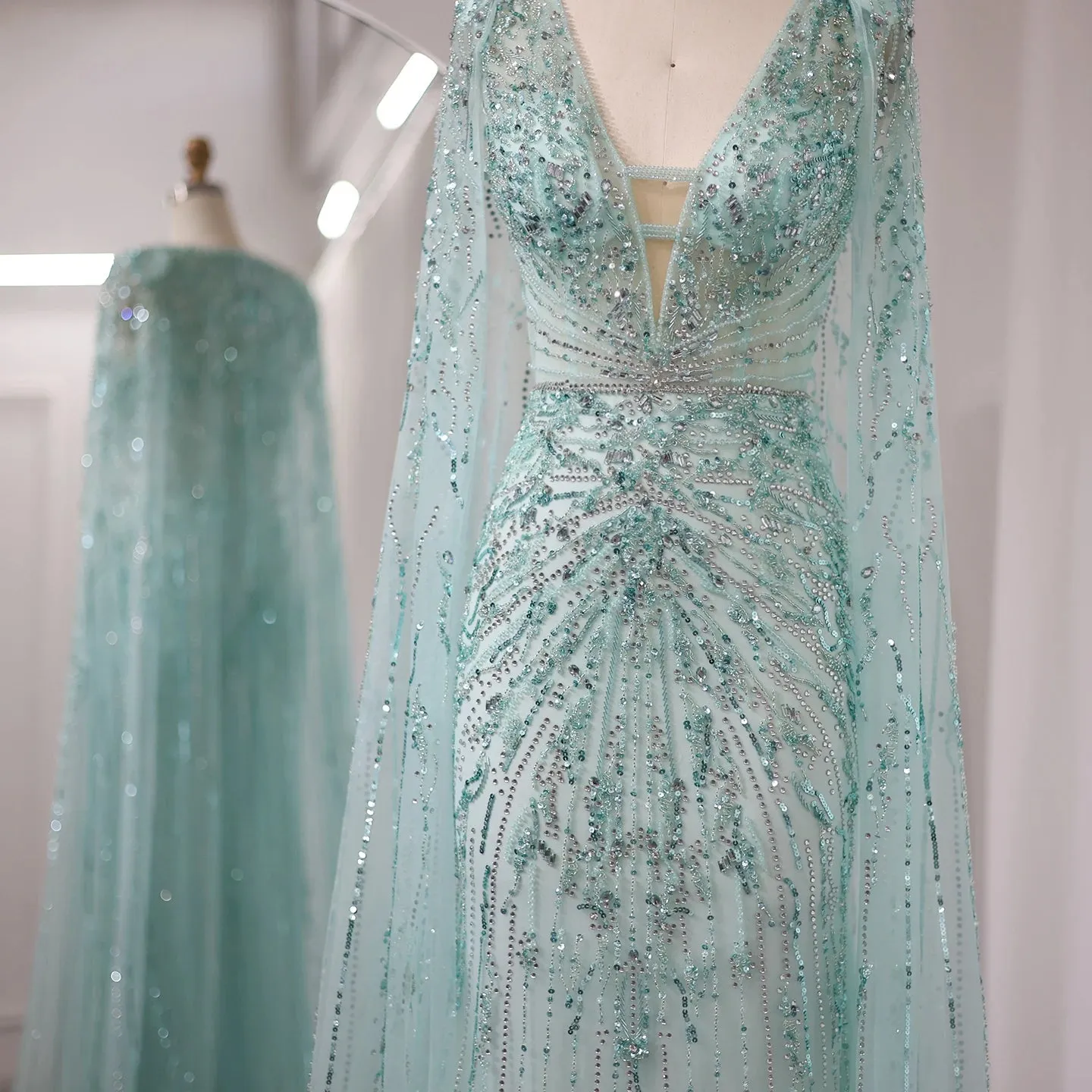 Silver-Gray Mermaid Evening Gown with Cape