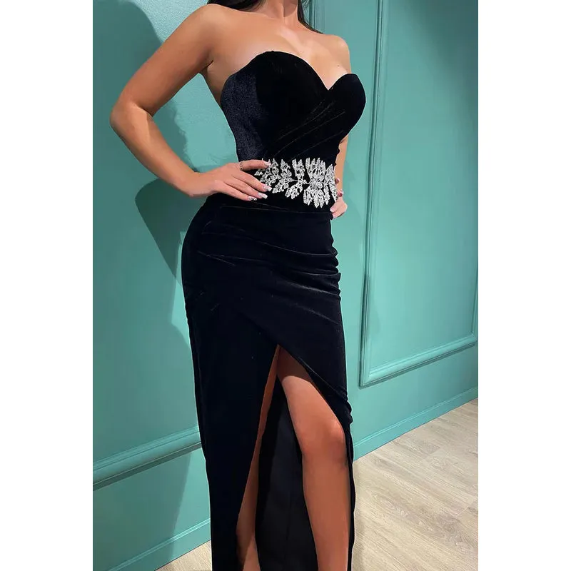 Simple & Casual Sweetheart Sleeveless Sheath Side Slit Evening Party Prom Dress With Rhinest
