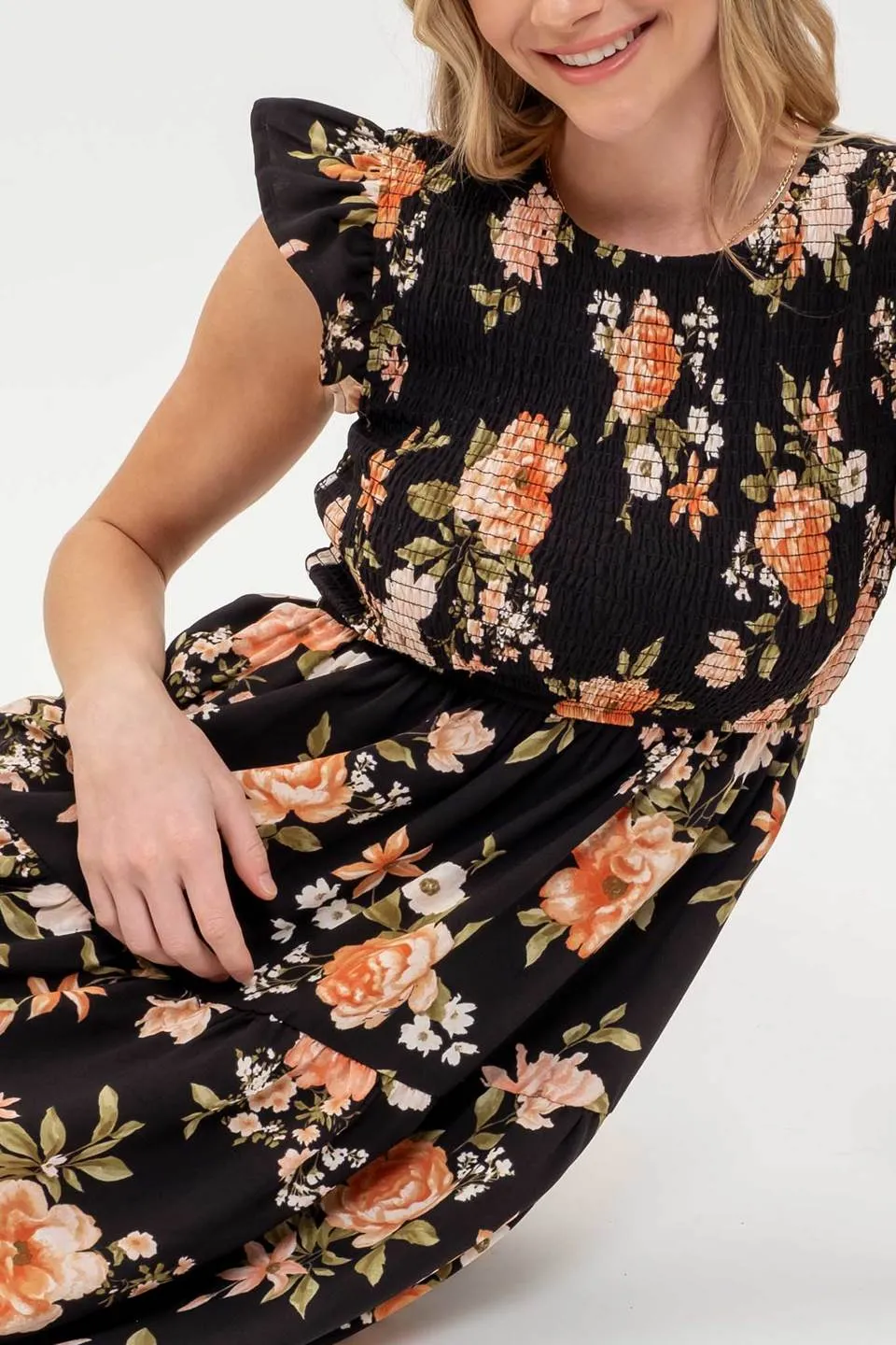 SMOCKED TIERED FLORAL MIDI DRESS