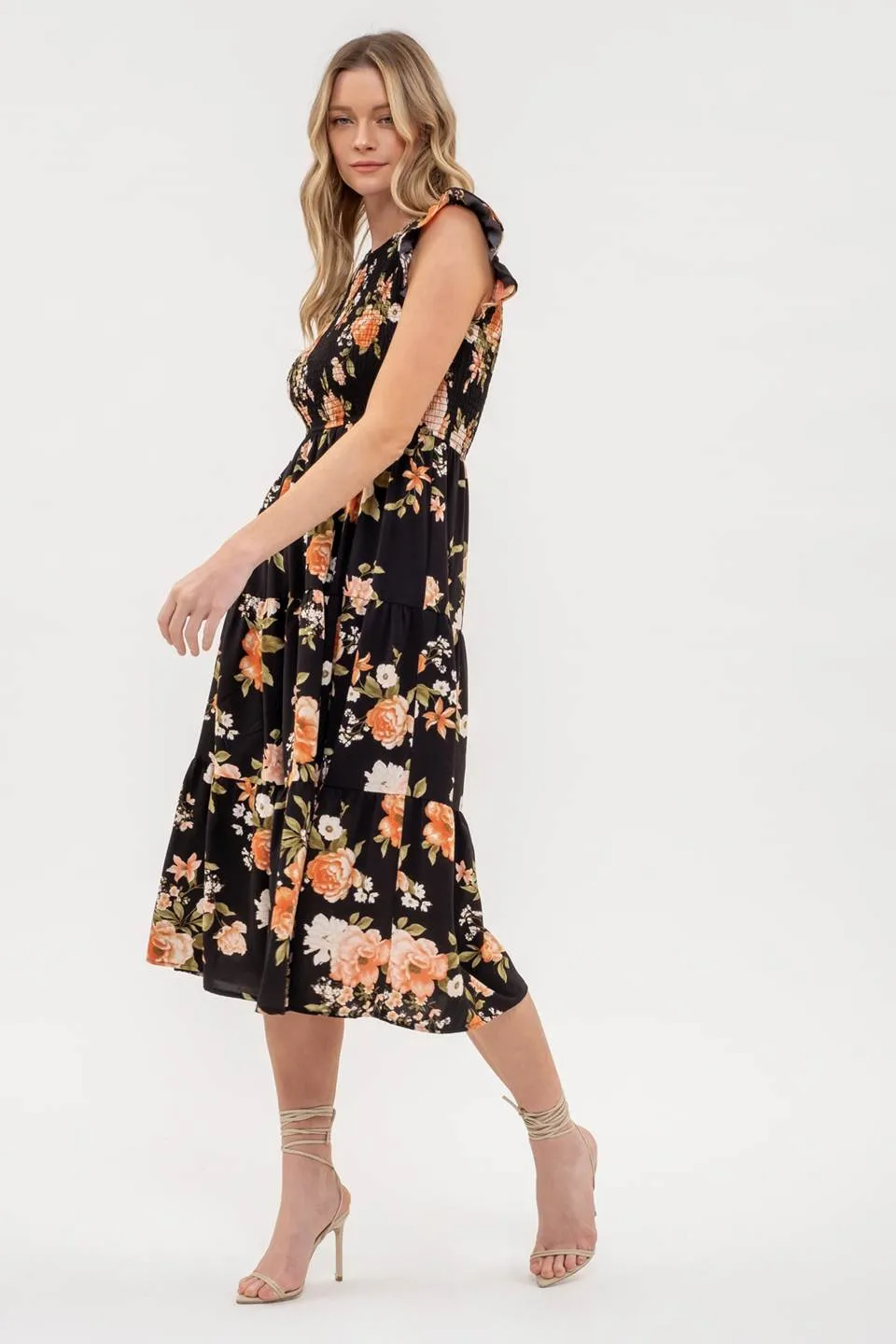 SMOCKED TIERED FLORAL MIDI DRESS