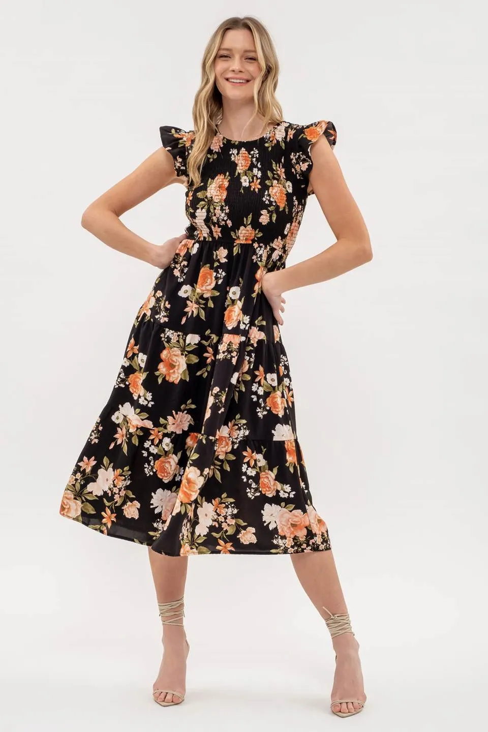 SMOCKED TIERED FLORAL MIDI DRESS