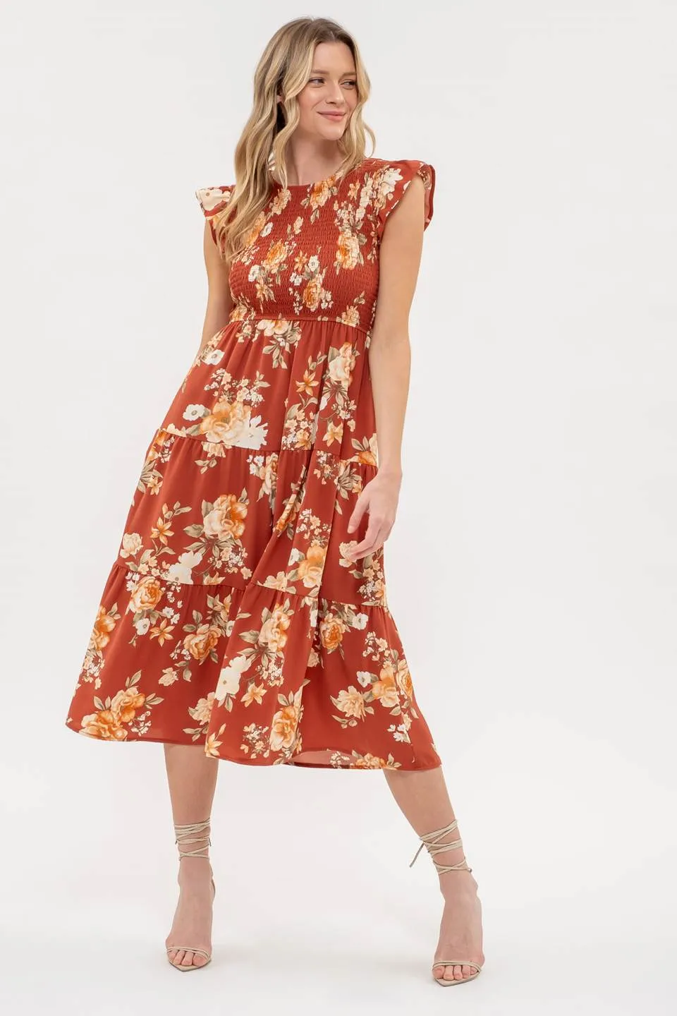 SMOCKED TIERED FLORAL MIDI DRESS
